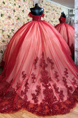 Ball Gown Off Shoulder Sleeveless Beaded Sequins Appliques Pleated Lace Up Glitter Red Tulle Quinceanera Dress Birthday Party Gown For Sweet 16