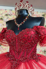 Ball Gown Off Shoulder Sleeveless Beaded Sequins Appliques Pleated Lace Up Glitter Red Tulle Quinceanera Dress Birthday Party Gown For Sweet 16