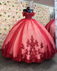 Ball Gown Off Shoulder Sleeveless Beaded Sequins Appliques Pleated Lace Up Glitter Red Tulle Quinceanera Dress Birthday Party Gown For Sweet 16