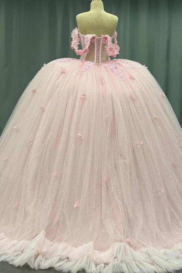 Ball Gown Off Shoulder Sleeveless Crystal Beaded 3D Flowers Glitter Tulle Quinceanera Dress Birthday Party Dress Evening Formal Gown For Sweet 16