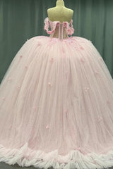 Ball Gown Off Shoulder Sleeveless Crystal Beaded 3D Flowers Glitter Tulle Quinceanera Dress Birthday Party Dress Evening Formal Gown For Sweet 16
