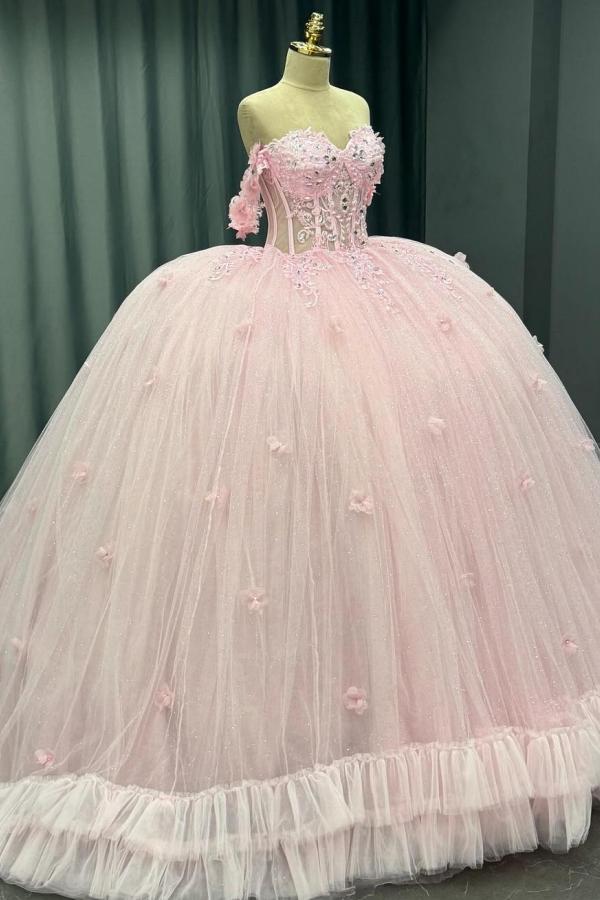 Ball Gown Off Shoulder Sleeveless Crystal Beaded 3D Flowers Glitter Tulle Quinceanera Dress Birthday Party Dress Evening Formal Gown For Sweet 16
