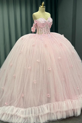 Ball Gown Off Shoulder Sleeveless Crystal Beaded 3D Flowers Glitter Tulle Quinceanera Dress Birthday Party Dress Evening Formal Gown For Sweet 16