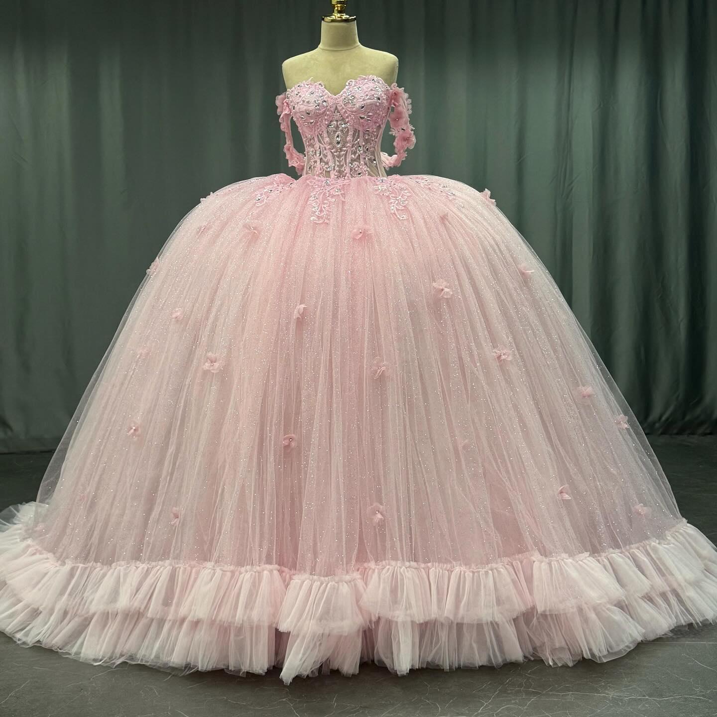 Ball Gown Off Shoulder Sleeveless Crystal Beaded 3D Flowers Glitter Tulle Quinceanera Dress Birthday Party Dress Evening Formal Gown For Sweet 16