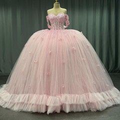 Ball Gown Off Shoulder Sleeveless Crystal Beaded 3D Flowers Glitter Tulle Quinceanera Dress Birthday Party Dress Evening Formal Gown For Sweet 16
