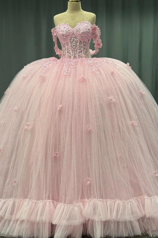 Ball Gown Off Shoulder Sleeveless Crystal Beaded 3D Flowers Glitter Tulle Quinceanera Dress Birthday Party Dress Evening Formal Gown For Sweet 16