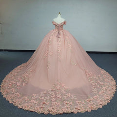 Ball Gown Off Shoulder Sleeveless Fully 3D Butterflies Appliques Lace Up Pink Tulle Quinceanera Dress Birthday Party Dress Evening Gown For Sweet 16