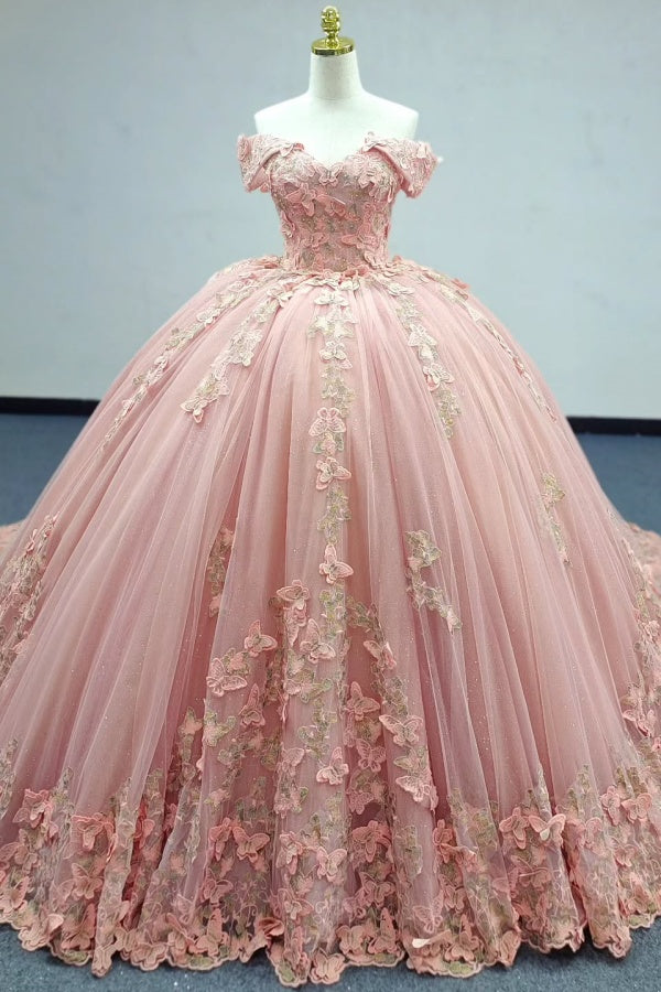 Ball Gown Off Shoulder Sleeveless Fully 3D Butterflies Appliques Lace Up Pink Tulle Quinceanera Dress Birthday Party Dress Evening Gown For Sweet 16