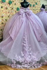Ball Gown Off Shoulder Sleeveless Fully Appliques Pleated Big Bow Knot Lace Up Glitter Lilac Quinceanera Dress Birthday Party Dress For Sweet 16