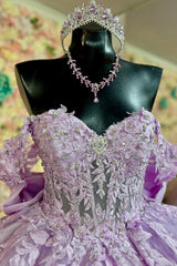 Ball Gown Off Shoulder Sleeveless Fully Appliques Pleated Big Bow Knot Lace Up Glitter Lilac Quinceanera Dress Birthday Party Dress For Sweet 16
