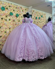 Ball Gown Off Shoulder Sleeveless Fully Appliques Pleated Big Bow Knot Lace Up Glitter Lilac Quinceanera Dress Birthday Party Dress For Sweet 16