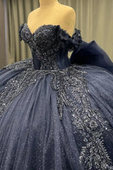 Ball Gown Off Shoulder Sleeveless Fully Beaded Appliques Bow Knot Lace Up Sparkly Dark Navy Tulle Quinceanera Dress Birthday Party Dress For Sweet 16