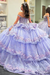 Ball Gown Off Shoulder Sleeveless Fully Beaded Appliques Pleated 3D Flower Tiered Sparkly Lilac Tulle Quinceanera Dress Birthday Party Dress For Sweet 16