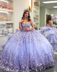Ball Gown Off Shoulder Sleeveless Fully Beaded Appliques Pleated 3D Flower Tiered Sparkly Lilac Tulle Quinceanera Dress Birthday Party Dress For Sweet 16