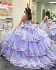 Ball Gown Off Shoulder Sleeveless Fully Beaded Appliques Pleated 3D Flower Tiered Sparkly Lilac Tulle Quinceanera Dress Birthday Party Dress For Sweet 16