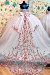 Ball Gown Off Shoulder Sleeveless Fully Sequins Appliques Pleated Lace Up Big Bow Knot Pink Tulle Quinceanera Dress Birthday Party Dress Formal Evening Gown