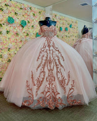 Ball Gown Off Shoulder Sleeveless Fully Sequins Appliques Pleated Lace Up Big Bow Knot Pink Tulle Quinceanera Dress Birthday Party Dress Formal Evening Gown
