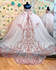 Ball Gown Off Shoulder Sleeveless Fully Sequins Appliques Pleated Lace Up Big Bow Knot Pink Tulle Quinceanera Dress Birthday Party Dress Formal Evening Gown