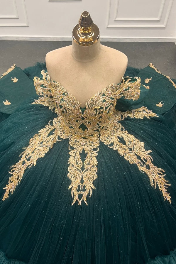 Ball Gown Off Shoulder Sleeveless Gold Appliques Ruffles Tiered Bow Knot Lace Up Sparkly Dark Green Tulle Quinceanera Dress Formal Evening Party Dress For Sweet 16