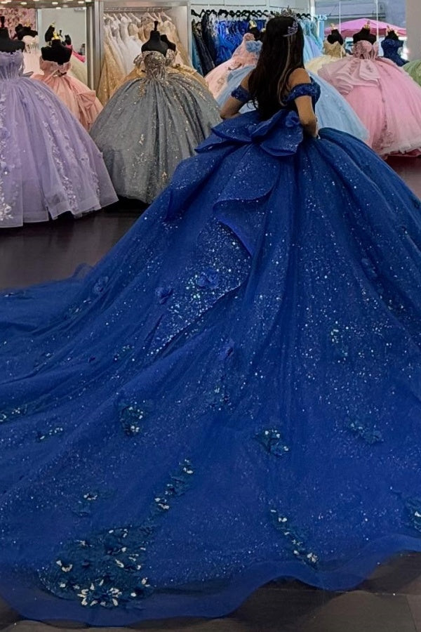 Ball Gown Off Shoulder Sleeveless Pleated 3D Flowers Appliques Bow Knot Sparkly Royal Blue Tulle Quinceanera Dress Evening Formal Gown Birthday Party Dress For Sweet 16