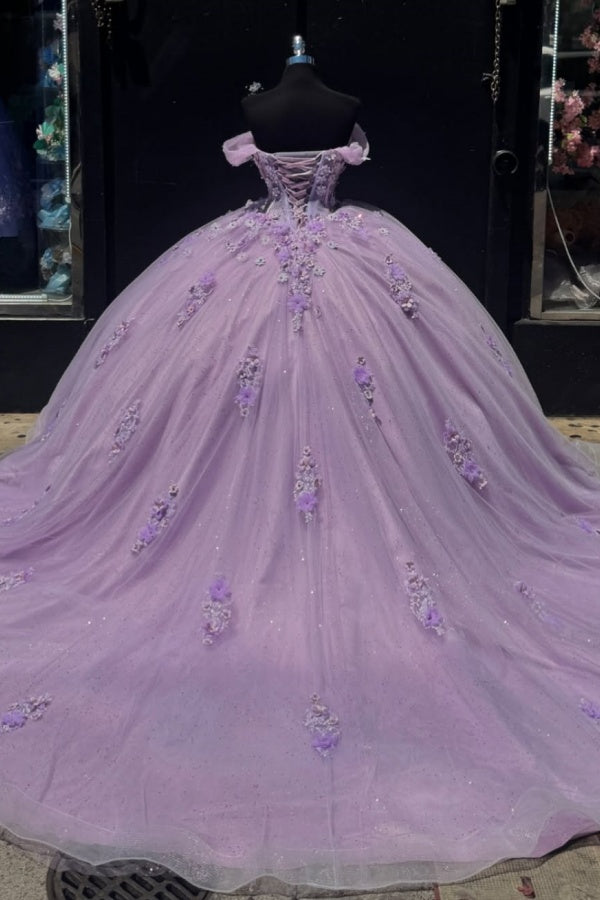 Ball Gown Off Shoulder Sleeveless Pleated 3D Flowers Appliques Sparkly Lilac Tulle Quinceanera Dress Birthday Party Dress Evening Formal Gown For Sweet 16