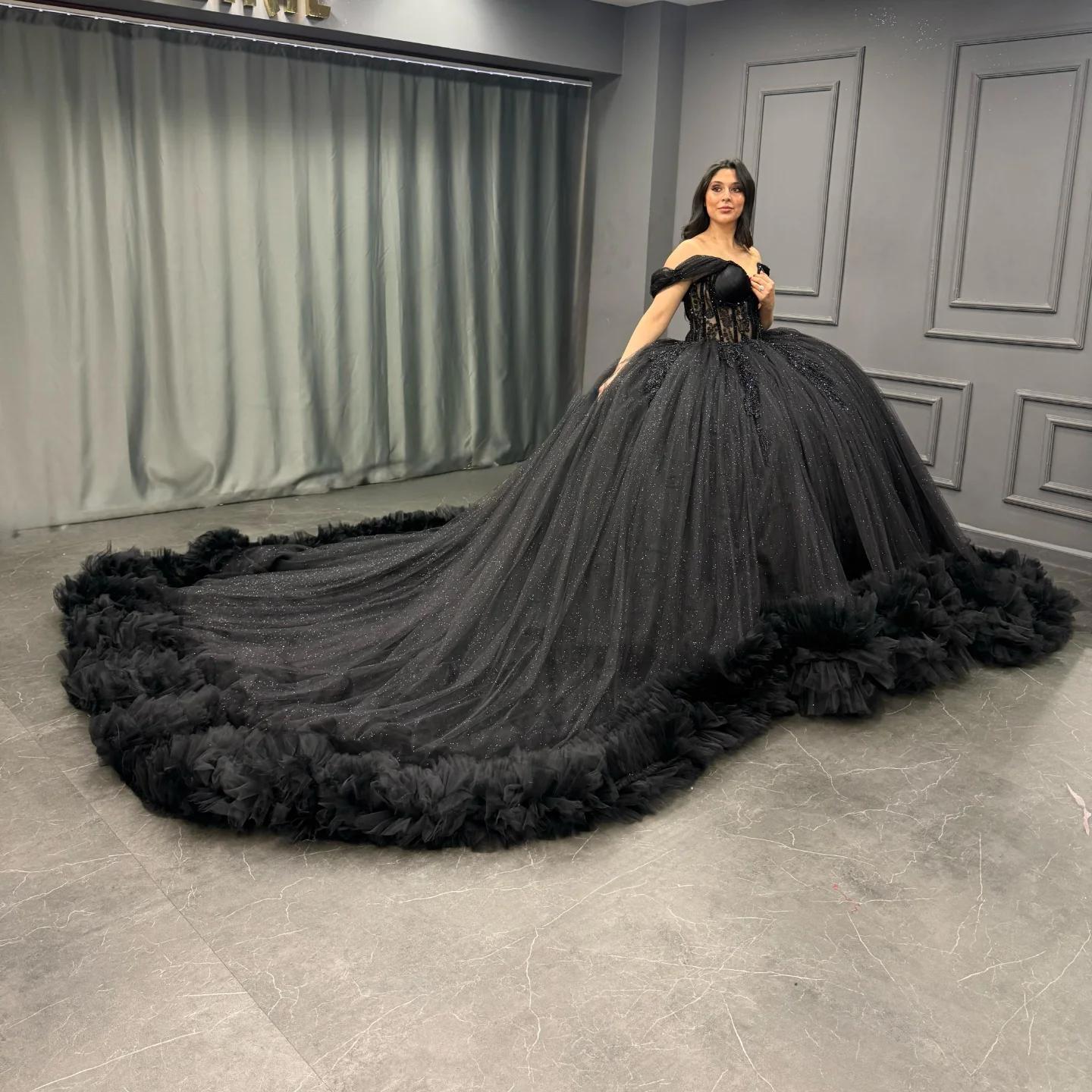 Ball Gown Off Shoulder Sleeveless Pleated Appliques Tiered Sparkly Black Tulle Quinceanera Dress Birthday Party Dress For Sweet 16