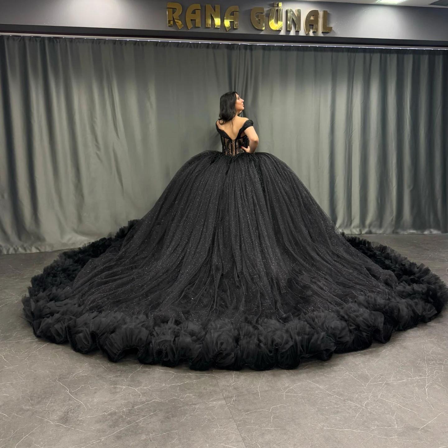 Ball Gown Off Shoulder Sleeveless Pleated Appliques Tiered Sparkly Black Tulle Quinceanera Dress Birthday Party Dress For Sweet 16
