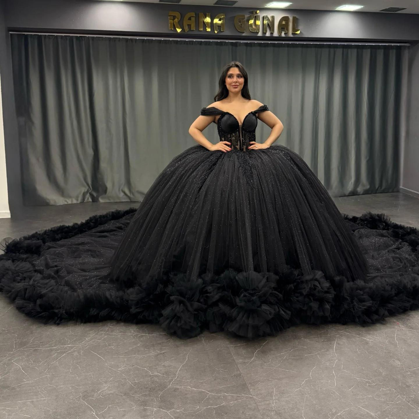 Ball Gown Off Shoulder Sleeveless Pleated Appliques Tiered Sparkly Black Tulle Quinceanera Dress Birthday Party Dress For Sweet 16