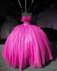 Ball Gown Off Shoulder Sleeveless Pleated Beaded Appliques Lace Up Fuchsia Tulle Quinceanera Dress Birthday Party Dress For Sweet 16