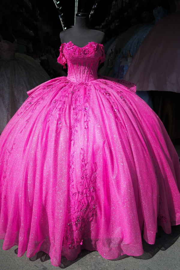 Ball Gown Off Shoulder Sleeveless Pleated Beaded Appliques Lace Up Fuchsia Tulle Quinceanera Dress Birthday Party Dress For Sweet 16