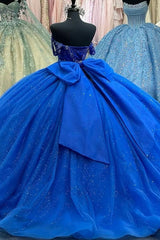 Ball Gown Off Shoulder Sleeveless Pleated Beaded Bow Knot Lace Up Sparkly Royal Blue Tulle Quinceanera Dress Birthday Party Dress For Sweet 16