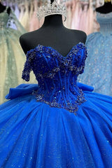 Ball Gown Off Shoulder Sleeveless Pleated Beaded Bow Knot Lace Up Sparkly Royal Blue Tulle Quinceanera Dress Birthday Party Dress For Sweet 16