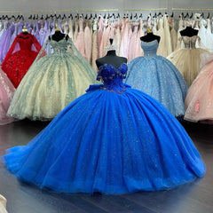 Ball Gown Off Shoulder Sleeveless Pleated Beaded Bow Knot Lace Up Sparkly Royal Blue Tulle Quinceanera Dress Birthday Party Dress For Sweet 16