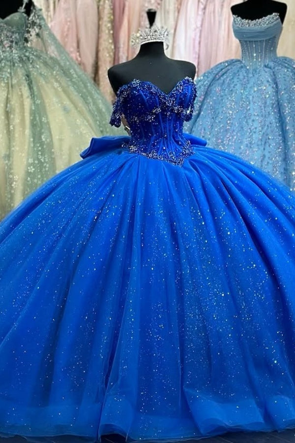 Ball Gown Off Shoulder Sleeveless Pleated Beaded Bow Knot Lace Up Sparkly Royal Blue Tulle Quinceanera Dress Birthday Party Dress For Sweet 16