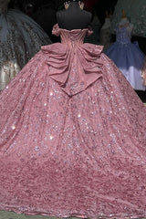Ball Gown Off Shoulder Sleeveless Pleated Beaded Crystal Fully Sequins Sparkly Pink Tulle Quinceanera Dress Birthday Party Dress For Sweet 16