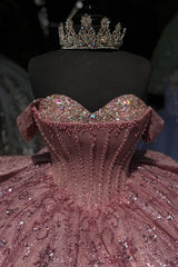 Ball Gown Off Shoulder Sleeveless Pleated Beaded Crystal Fully Sequins Sparkly Pink Tulle Quinceanera Dress Birthday Party Dress For Sweet 16