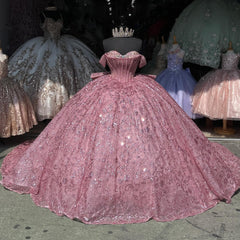 Ball Gown Off Shoulder Sleeveless Pleated Beaded Crystal Fully Sequins Sparkly Pink Tulle Quinceanera Dress Birthday Party Dress For Sweet 16