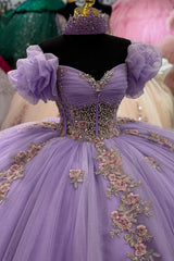 Ball Gown Off Shoulder Sleeveless Pleated Beaded Flower Appliques Glitter Lavenda Tulle Quinceanera Dress Birthday Party Gown For Sweet 16