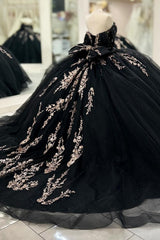 Ball Gown Off Shoulder Sleeveless Pleated Beaded Gold Appliques Bow Knot Lace Up Balck Tulle Quinceanera Dress Birthday Party Dress For Sweet 16