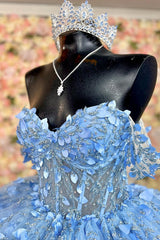 Ball Gown Off Shoulder Sleeveless Pleated Beaded Sequins 3D Flower Appliques Lace Up Glitter Sky Blue Tulle Quinceanera Dress Birthday Party Dress For Sweet 16