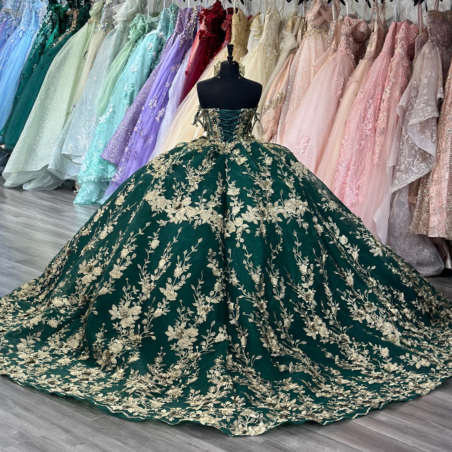 Ball Gown Off Shoulder Sleeveless Pleated Golf Sequins Appliques Dark Green Tulle Quinceanera Dress Birthday Party Dress Formal Evening Gown