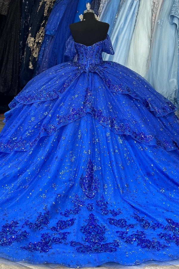 Ball Gown Off Shoulder Sleeveless Pleated Sequins Appliques Glitter Royal Blue Tulle Quinceanera Dress Evening Formal Gown Birthday Party Dress For Sweet 16