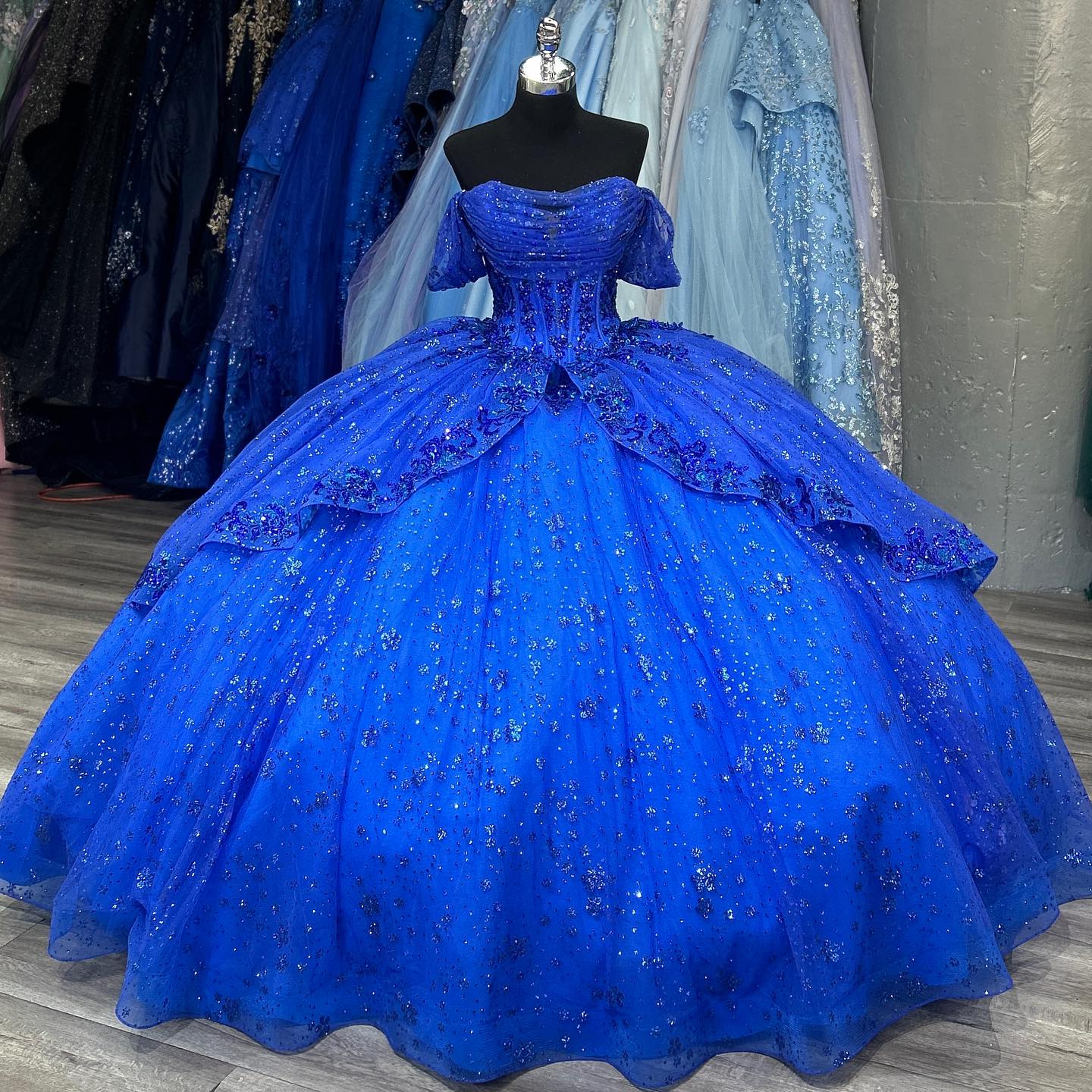 Ball Gown Off Shoulder Sleeveless Pleated Sequins Appliques Glitter Royal Blue Tulle Quinceanera Dress Evening Formal Gown Birthday Party Dress For Sweet 16