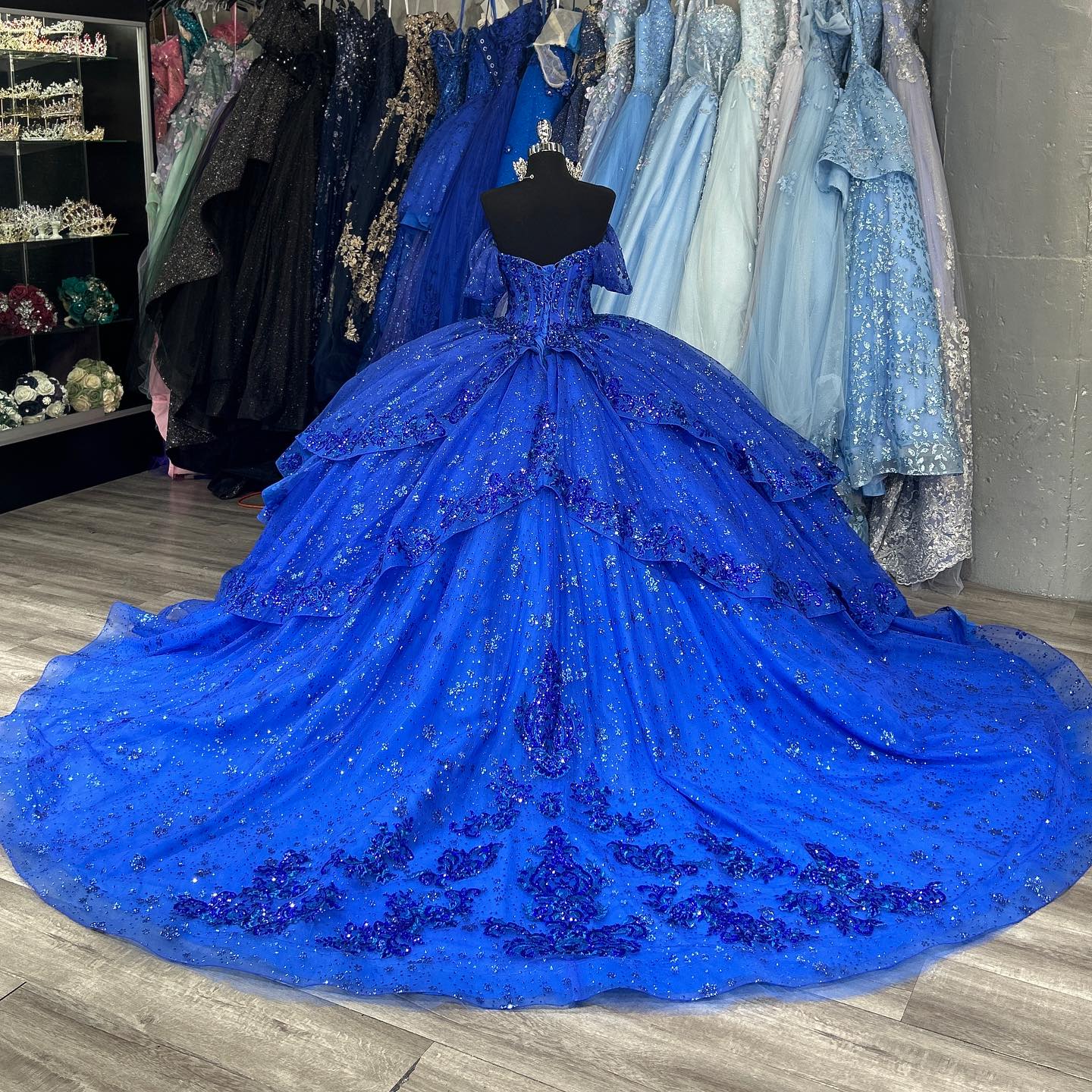 Ball Gown Off Shoulder Sleeveless Pleated Sequins Appliques Glitter Royal Blue Tulle Quinceanera Dress Evening Formal Gown Birthday Party Dress For Sweet 16