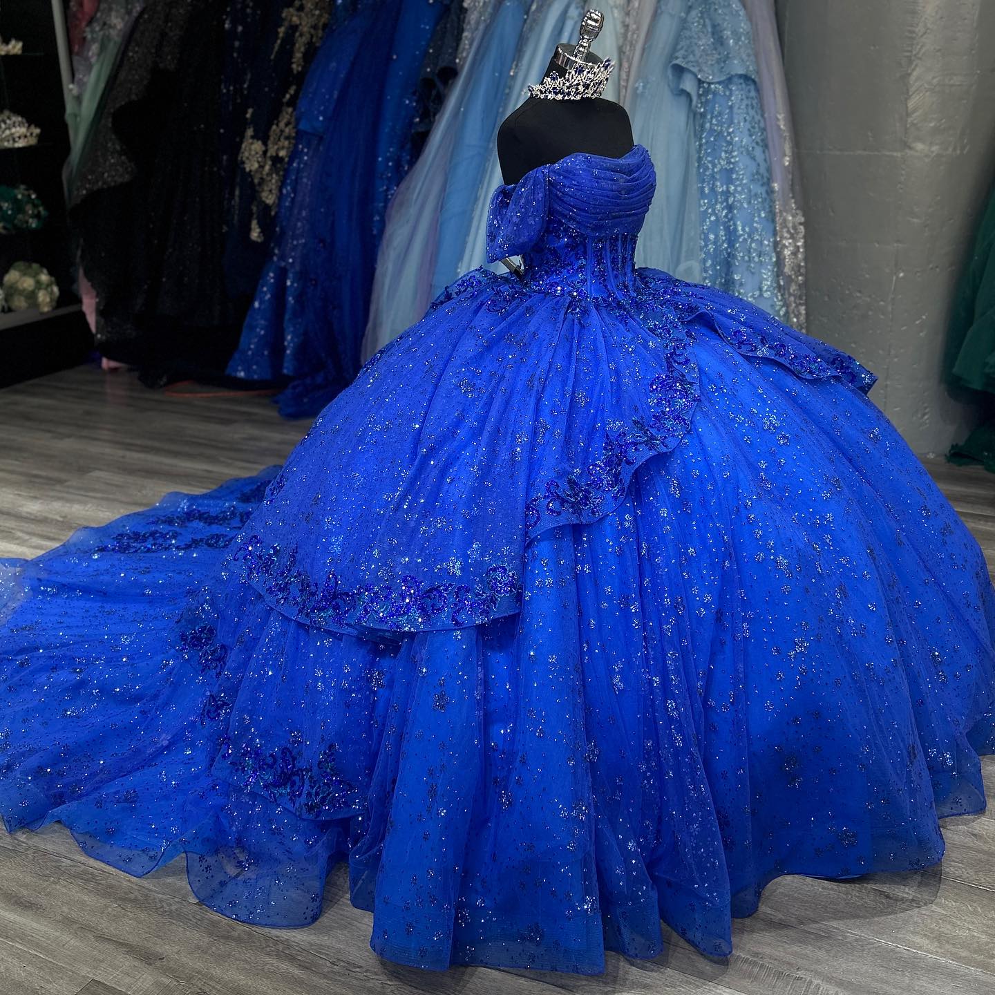 Ball Gown Off Shoulder Sleeveless Pleated Sequins Appliques Glitter Royal Blue Tulle Quinceanera Dress Evening Formal Gown Birthday Party Dress For Sweet 16