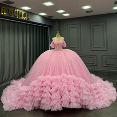Ball Gown Off Shoulder Sleeveless Pleated Tulle Tiered Beaded Pink Tulle Quinceanera Dress Birthday Party Dress For Sweet 16