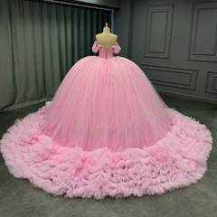 Ball Gown Off Shoulder Sleeveless Pleated Tulle Tiered Beaded Pink Tulle Quinceanera Dress Birthday Party Dress For Sweet 16