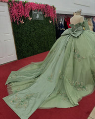 Ball Gown Off Shoulder Sleeveless Sequins 3D Flower Appliques Bow Knot Glitter Mint Green Tulle Quinceanera Dress Birthday Party Dress For Sweet 16