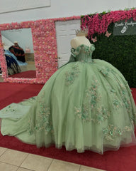 Ball Gown Off Shoulder Sleeveless Sequins 3D Flower Appliques Bow Knot Glitter Mint Green Tulle Quinceanera Dress Birthday Party Dress For Sweet 16