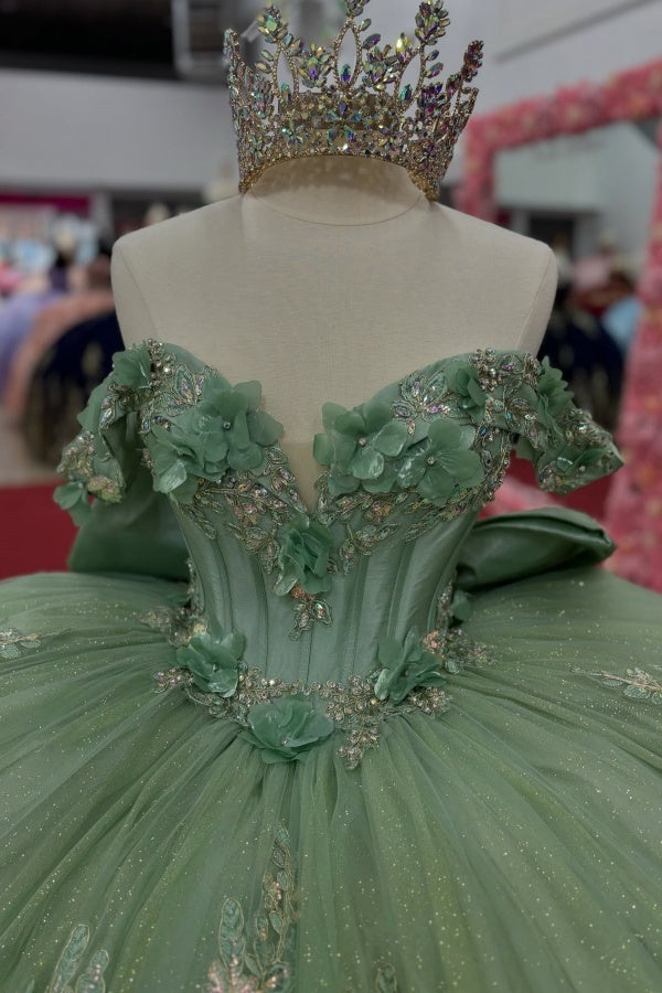 Ball Gown Off Shoulder Sleeveless Sequins 3D Flower Appliques Bow Knot Glitter Mint Green Tulle Quinceanera Dress Birthday Party Dress For Sweet 16
